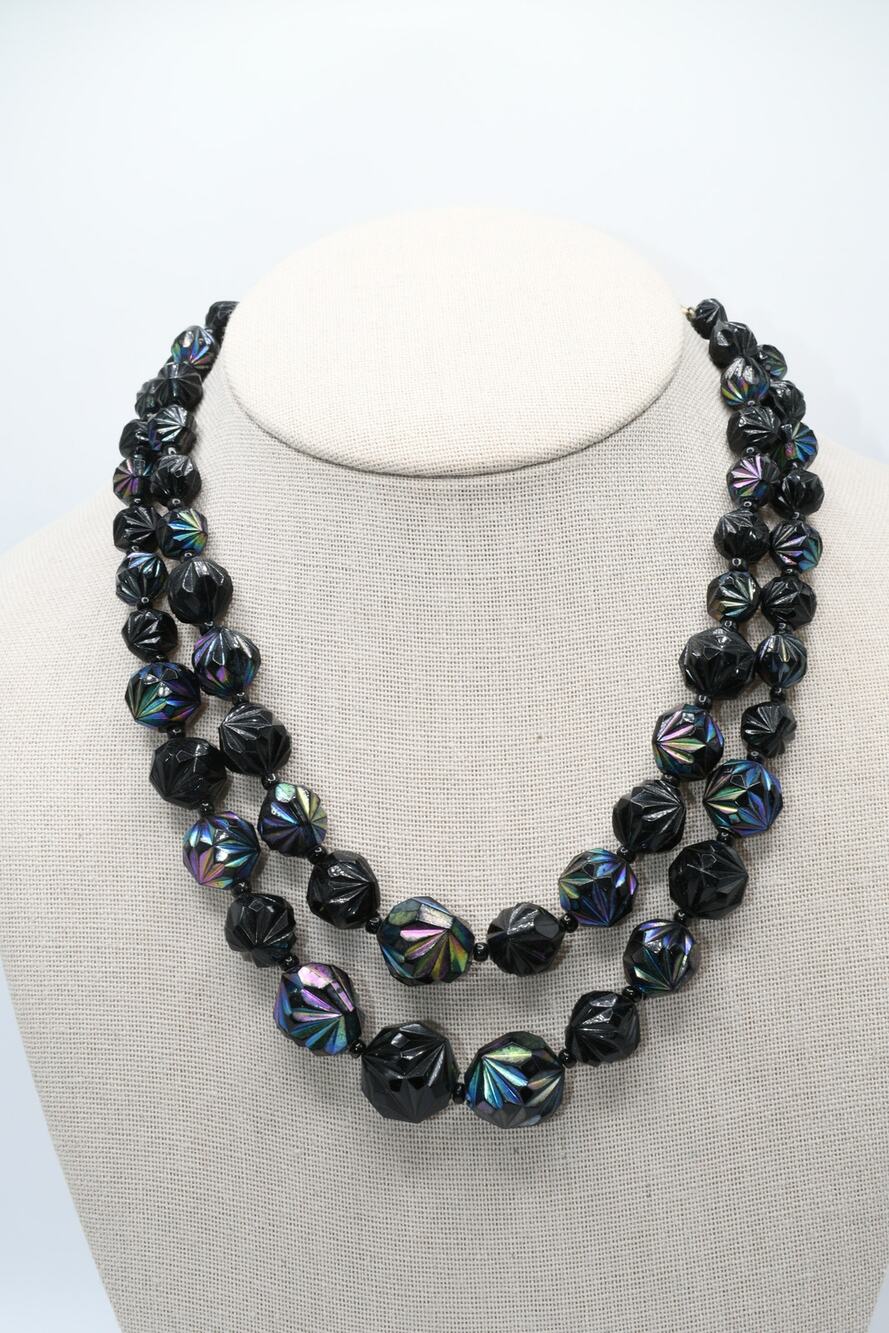 Vintage West Germany Black Iridescent Lucite Bead Necklace Double Strand